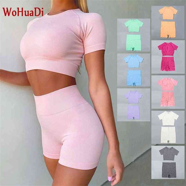 

wohuadi summer seamless yoga set women's clothing 2piece sport crop t-shirt+shorts leggings push up fitness workout gym suit 210813, Gray