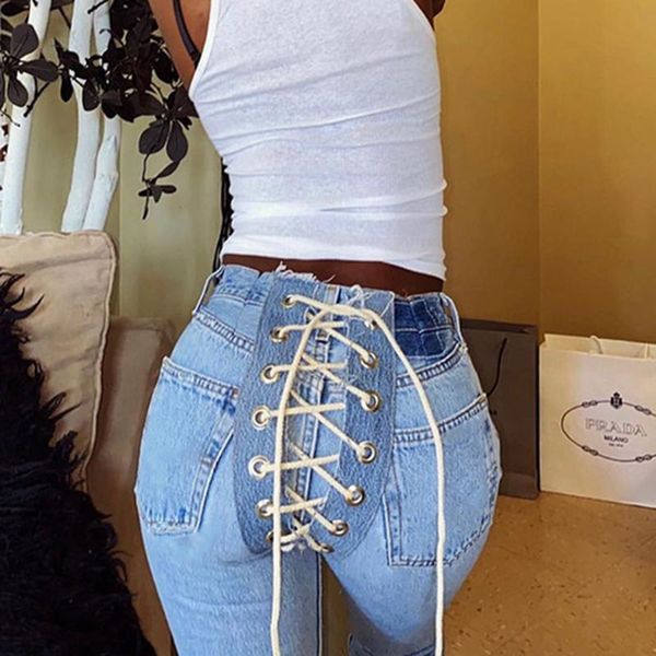 

women's jeans high waisted ripped women bulift stretch skinny soild lace up distressed causal vintage denim pants trousers, Blue