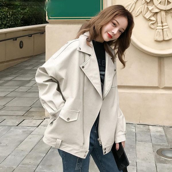 

women's leather & faux fashion oversized coat women jacket spring autumn loose biker motorcycle jackets female punk streetwear, Black