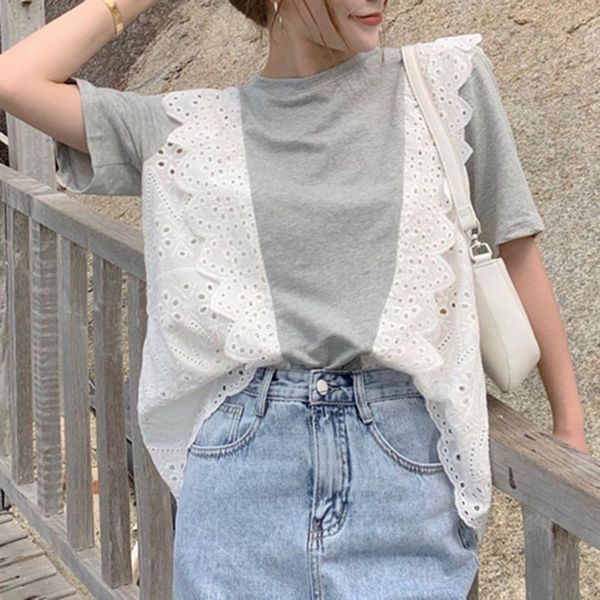 

women's t-shirt japanese style korean fashion 2021 summer loose color contrast retro splicing lace round neck, White