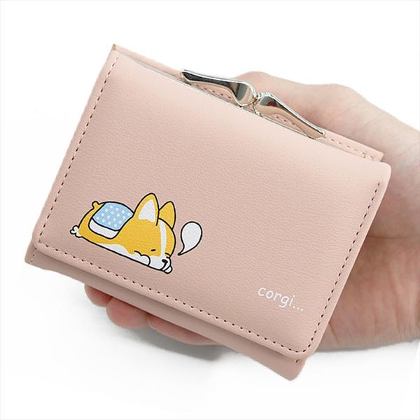 

women small wallets cartoon cute corgi doge design ladies pu leather female short money purses with coin pocket, Red;black