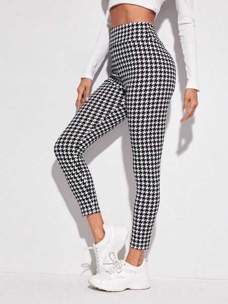 

wide waistband houndstooth leggings s0zz#, Black