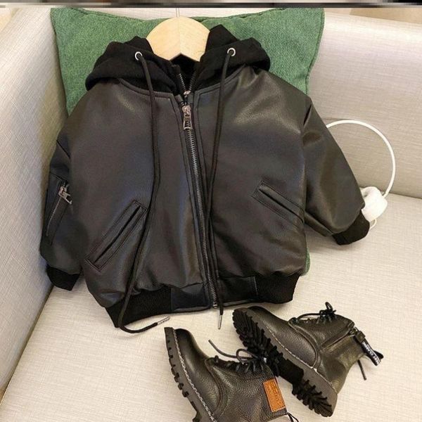 

jackets 2-8 years kids leather boys fashion fake two piece hooded pu jacket 2021 fall winter thicken warm outwear coats, Blue;gray