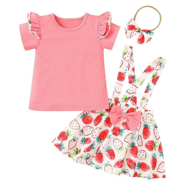 

pcs infant strawberry print outfits baby girl sleeve round neck t-shirt suspender skirt bowknot headband clothing sets, White