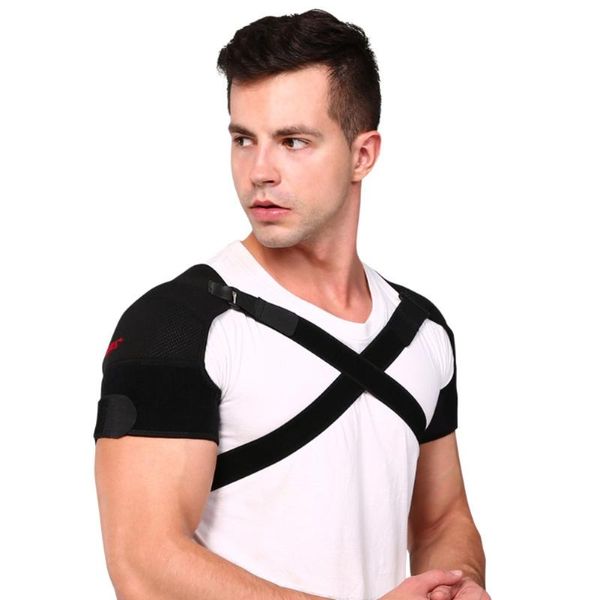 

back support sports shoulder care adjustable brace protector bandage single-side guard strap wrap belt body shaping 1pc, Black;blue