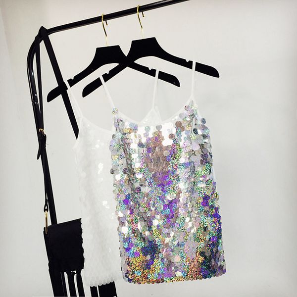

shiny sequin women cami summer style straps round neck sleeveless vest outerwear, White