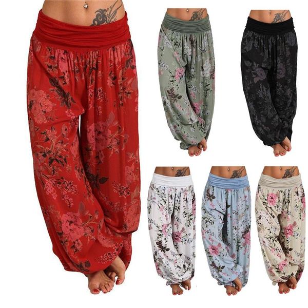 

women's pants & capris summer women ladies casual style floral baggy loose comfy long high waist harem trousers plus size, Black;white