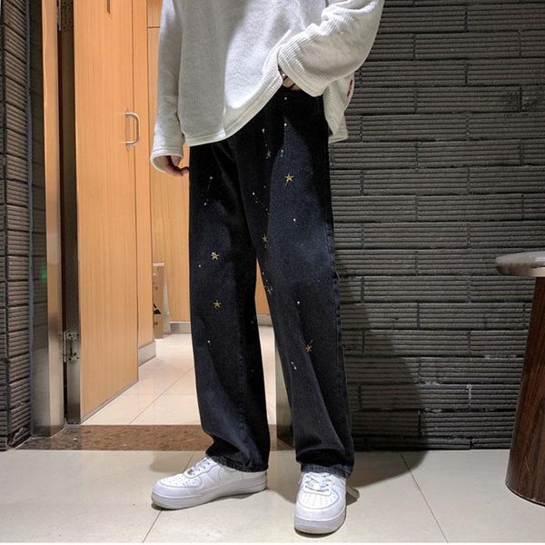 

men's jeans straight harem autumn black korean men loose denim trousers streetwear lacquer dot star embroiderycasual pants, Blue