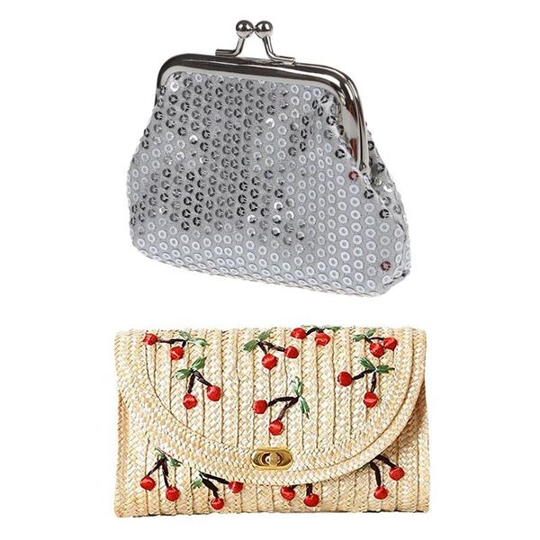 

evening bags women's sequins coin purse buckle mini wallet(silver) & weave embroidery cherry chain women messenger