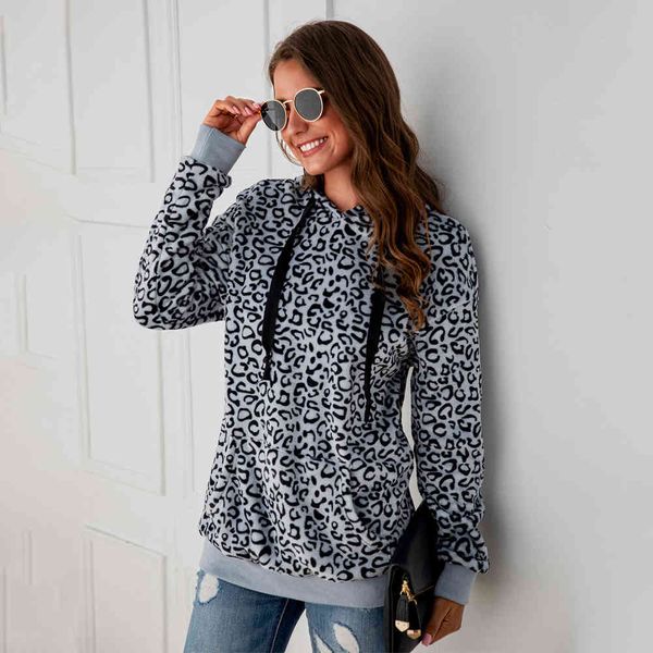 

leopard faux fur hoodies women pockets warm autumn winter sweatshirt casual hooded plush pullovers pull rope slim female 210507, Black