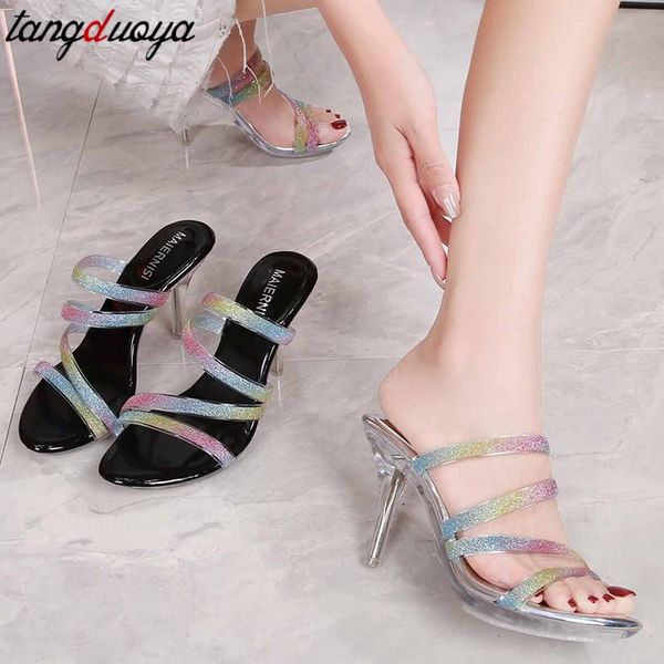 

summer transparent slippers women outdoor open toes heels 6.5/8cm color pvc tape clear high wedding shoes dress, Black