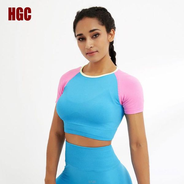 

yoga outfit hgc sports t-shirt women short sleeve quick drying running fitness crop gym elastic breathable workout nnitted blouse