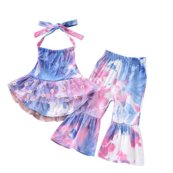

clothing sets children tie-dye clothes set, girls sleeveless backless floral printed mesh patchwork halter + flared trousers, White