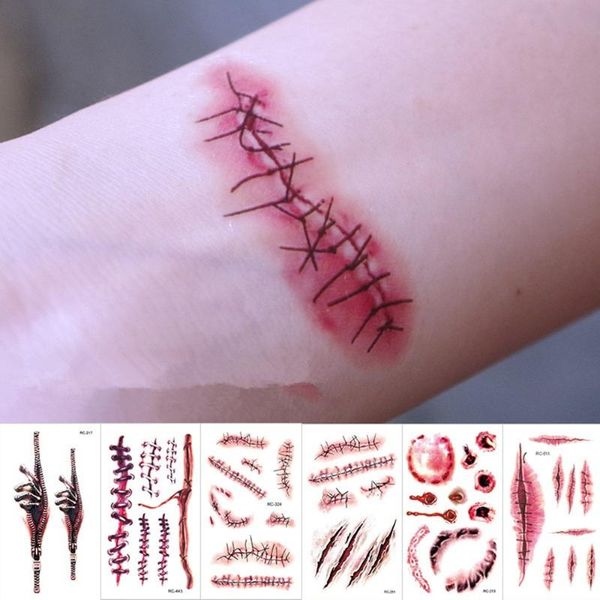 

party decoration 3pcs halloween horror realistic stitched wound temporary tattoo sticker haunted house cosplay
