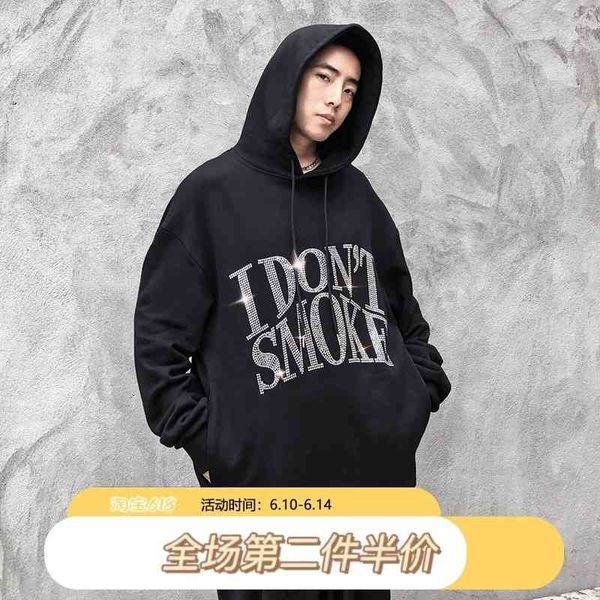 

ins guochao hand ironed men's fashion hip hop diamond loose couple hoodie, Black