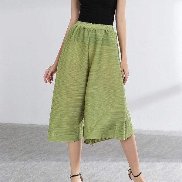 

women's pants & capris miyake pleated wide leg straight casual elastic waist loose ladies calf-length summer 2021 solid women, Black;white