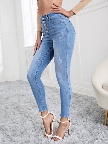 

buttoned front ripped jeans w7hc#, Blue