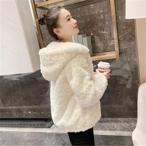 

women's fur & faux 2021 thick imitation hooded short coat women loose korean casual white gray pink winter overcoat t86, Black