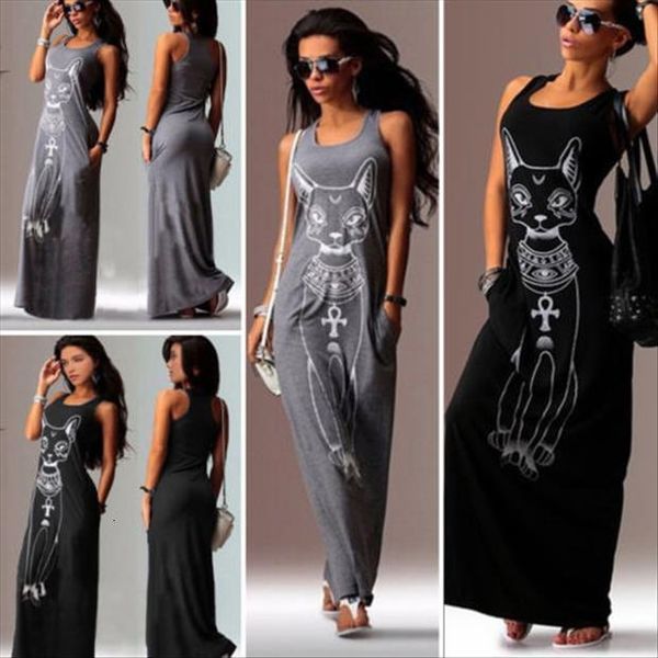 

summer tank long womens dresses cute cat print casual beach sundress, Black;gray