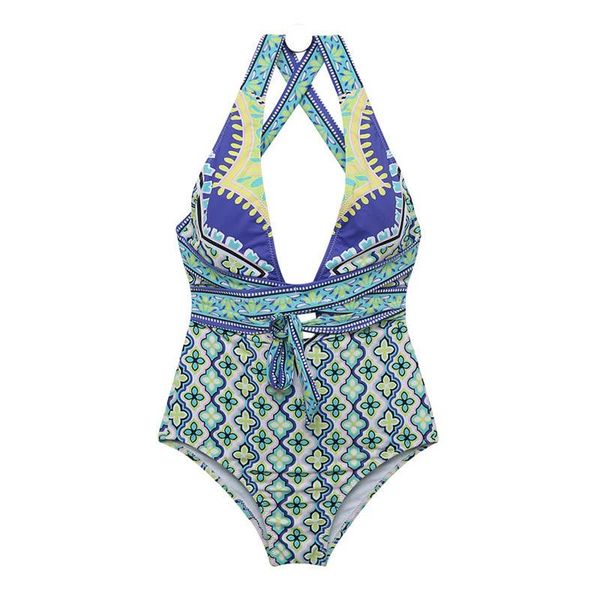 

two-piece suits deep v beautiful back summer 2021 bikini cover belly slimming retro pattern one-piece swimsuit women beachwear