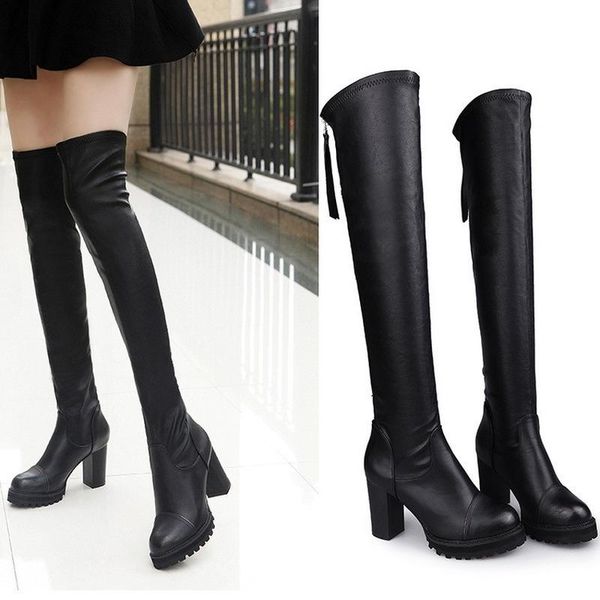

boots women over the knee platform stretch gothic autumn/winter high heels non-slip comfortable female shoes, Black