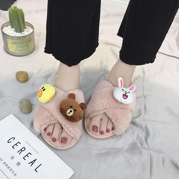 

slippers fericzot indoor fur home shoe warm women cute animals bear duck nonslip cross cotton house girl female, Black