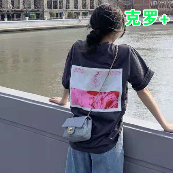 

chao brand kro horseshoe sanskrit printed back pasted cloth high street chaozhou people loose and thin round neck t-shirt, same for men, White