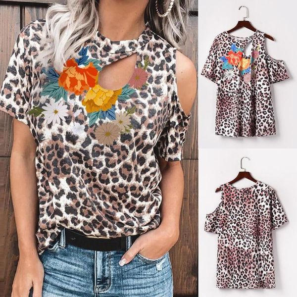 

women's blouses & shirts sale 2021 cold shoulder womens casual shirt summer leopard patchwork floral short sleeve blusas @47, White