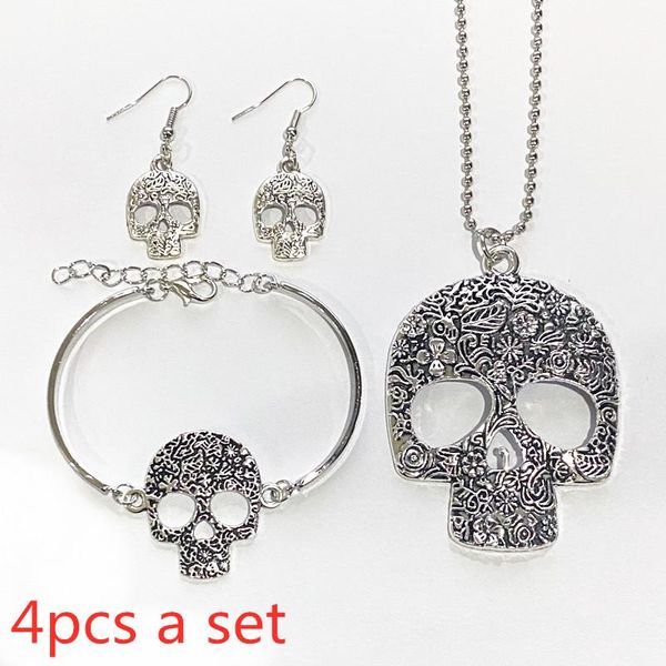 

earrings & necklace 4-piece set, necklace, bracelet, earrings, gorgeous gothic exquisite skull jewelry, Silver