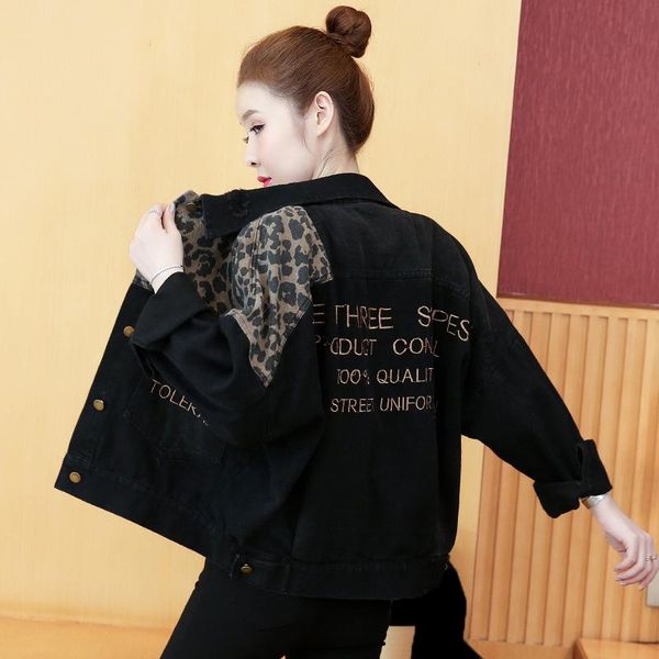 

women's jackets leopard patchwork denim jacket 2021 fall women fashion letter embroidery long sleeve korean woman black ripped jeans co, Black;brown