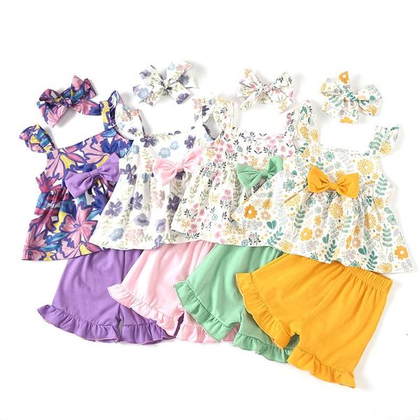 

clothing sets citgeesummer infant baby girls outfits flower print sleeves bowknot + solid color ruffle shorts headband clothes, White
