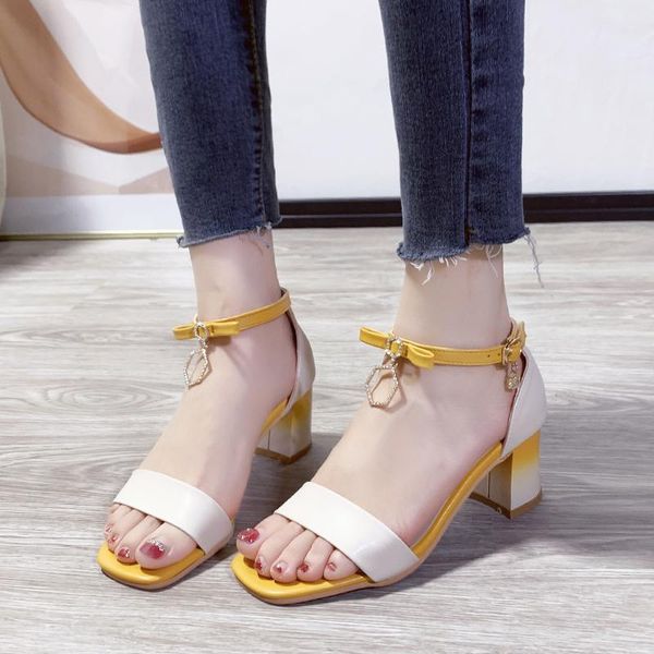 

dress shoes mixed colors square heel sandals women bow ankle buckle summer outdoor fashion open toe high heels 2021, Black