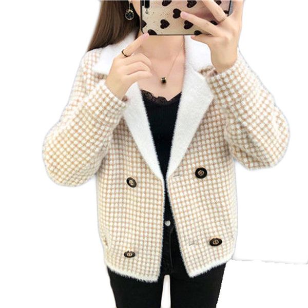 

women's fur & faux trending products 2021 outwear elegant women blazer shaggy coat lattice short jacket imitate mink cashmere 386, Black