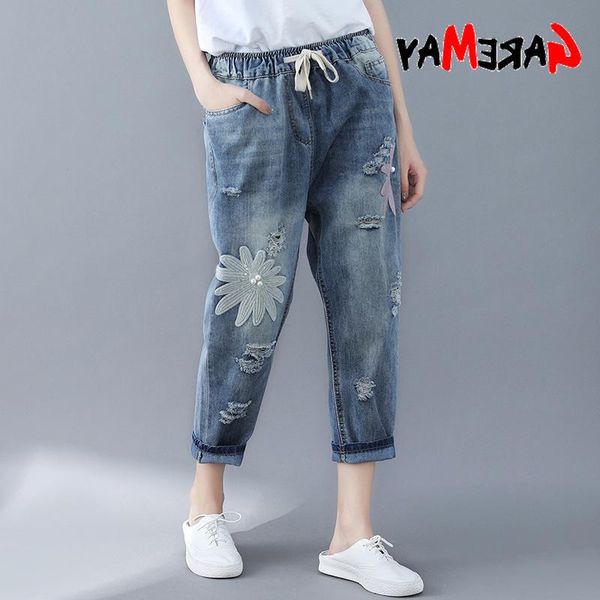 

women's jeans blue distressed light ripped for women boyfriends midi loose hole summer with elastic female plus size high waist