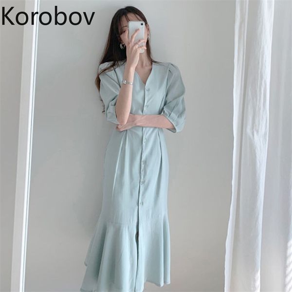 

korobov v neck single breast design elegant dress women short sleeve solid mermaid vestido summer new high waist dresses 210430, Black;gray