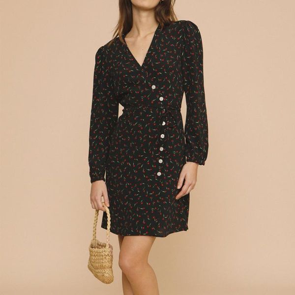 

casual dresses women mini dress v-neck side buttons wrap long sleeve printed high waist ladies robe 2021 spring summer, Black;gray