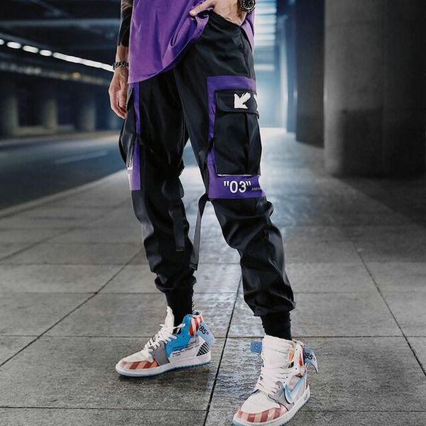 

hip hop ribbons cargo pants men joggers streetwear 2021 fashion mens elastic waist pant trousers sweatpants men's, Black