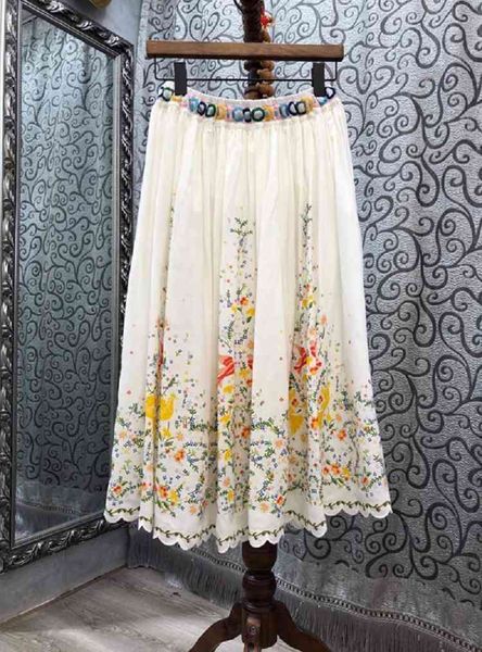

skirt skirts designer 2021 autumn style women colorful embroidery drawstring waist large swing skirt casual linen skirts, Black