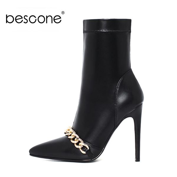 

boots bescone winter warm ankle woman leather stretch fabric pointed toe high thin heel chain decoration zipper shoe bm625, Black