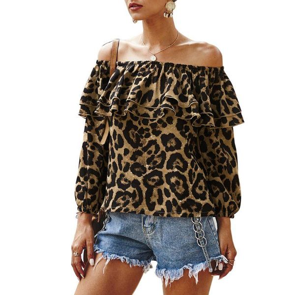 

womens autumn long sleeve layered t-shirt off the shoulder flounce ruffle pullover leopard print loose blouse women's blouses & sh, White