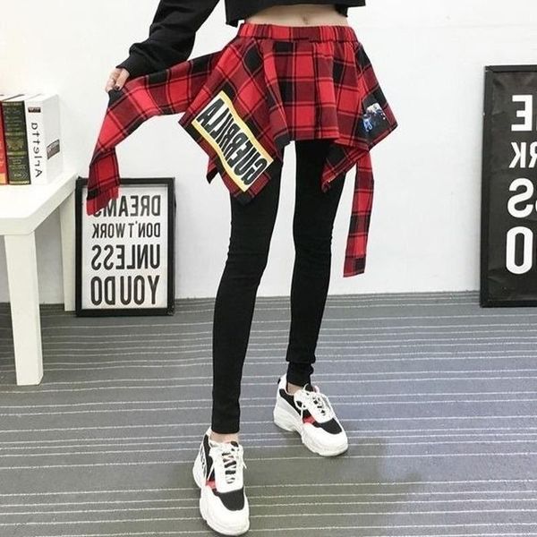 

women's leggings false two-piece bottoming skort print thin outer wear sports dance plaid camouflage hip-wrapped skirted, Black