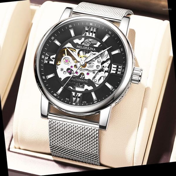

wristwatches mg.orkinamg skeleton mens mechanical watches water resistant automatic self-winding male clock relogio relojes 2021 arrival, Slivery;brown