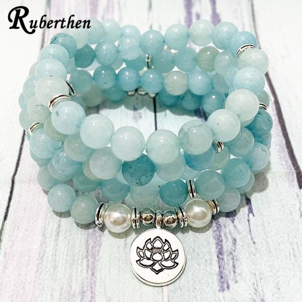 

beaded, strands ruberthen 8 mm aqua marine pearl 108 mala bracelet women`s yoga meditation lotus charm necklace handmade beads jewelry, Black