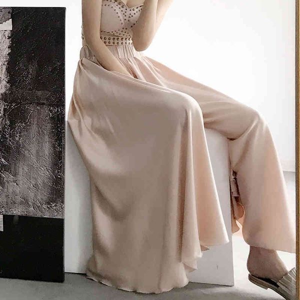 

capri satin enlargement maxi leg wide women's trousers waist thin chiffon summer skirt longer pants, Black;white
