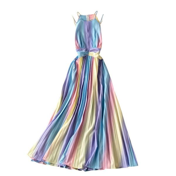 

2021 summer rainbow gradient print long spaghetti strap dress women halter draped big swing pleated vestidos casual dresse, Black;gray