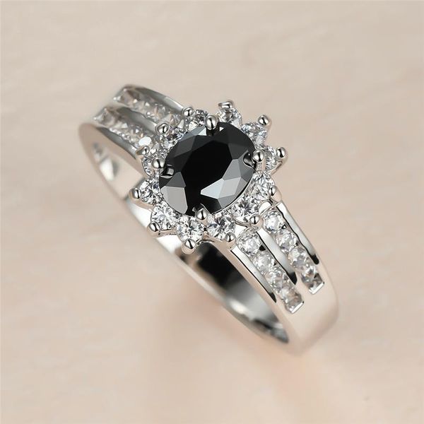 

wedding rings punk female oval crystal stone ring classic silver color for women cute bride black zircon engagement, Slivery;golden