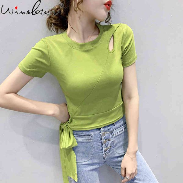 

women's t-shirt summer korean style t-shirt solid fashion o-neck hollow out shiny women ropa mujer casual cotton lace up, White