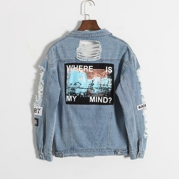 

women's jackets fashion retro washing frayed embroidery letter patch jeans bomber jacket light blue ripped denim coat, Black;brown