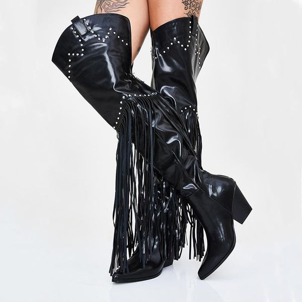 

boots slip on women fringe shoes leather bota feminina over knee botas mujer crystal ladies show long, Black