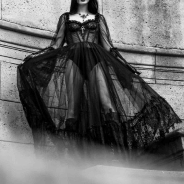

casual dresses rosetic mesh see through lace long dress women gothic vintage flared sleeve elegant party nightclub maxi black 2f2r, Black;gray